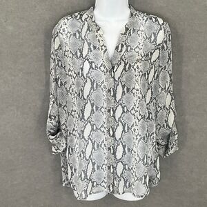 KUT From The Kloth Snakeskin Print‎ Button Down Roll Tab Blouse Sheer Top Sz M